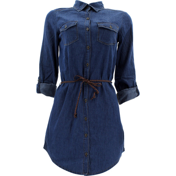 Highway Jeans - Women's Long Sleeves Denim Tunic With Belt Shirts - Dark Blue - V.I.M. - 1
