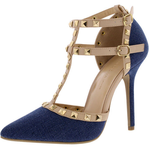 Denim Lounge - Women's Studded 2 Straps Pointy Dress Shoes - Dark Denim