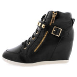 Wild Diva Lounge - Women's Buckle Zipper Wedge Sneakers - Black - V.I.M. - 2